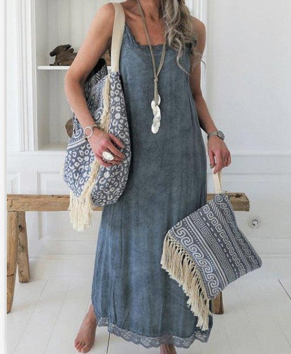 Damen Maxikleid Boho-Stil Spitzendetails Norvielle