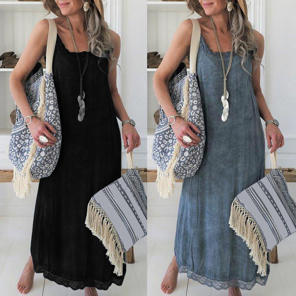 Damen Maxikleid Spaghettiträger Spitzenverzierung Elegantes Abendkleid - Norvielle