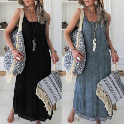 Damen Maxikleid Spaghettiträger Spitzenverzierung Elegantes Abendkleid - Norvielle