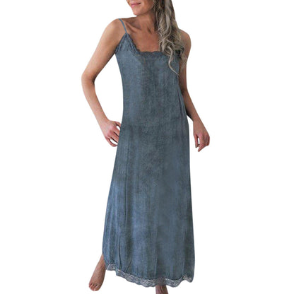 Damen Maxikleid Spaghettiträger Spitzenverzierung Elegantes Abendkleid