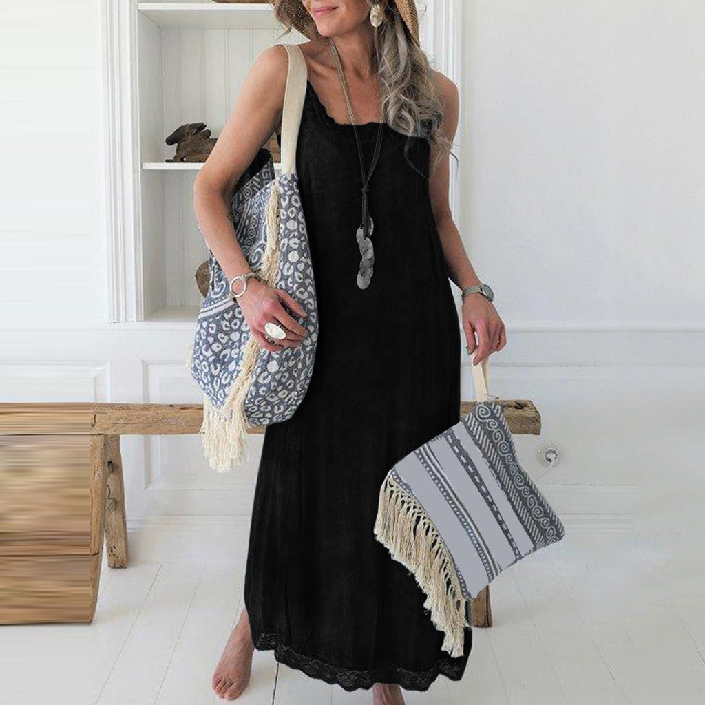 Damen Maxikleid Spaghettiträger Spitzenverzierung Elegantes Abendkleid
