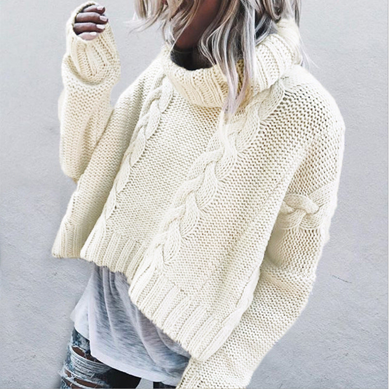 Damen Strickpullover Cropped Rollkragen Zopfmuster