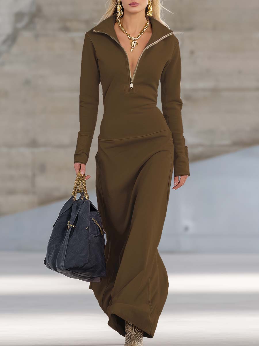 Damen Maxikleid Elegantes Langkleid Reißverschlusskragen