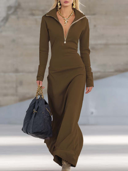 Damen Maxikleid Elegantes Langkleid Reißverschlusskragen