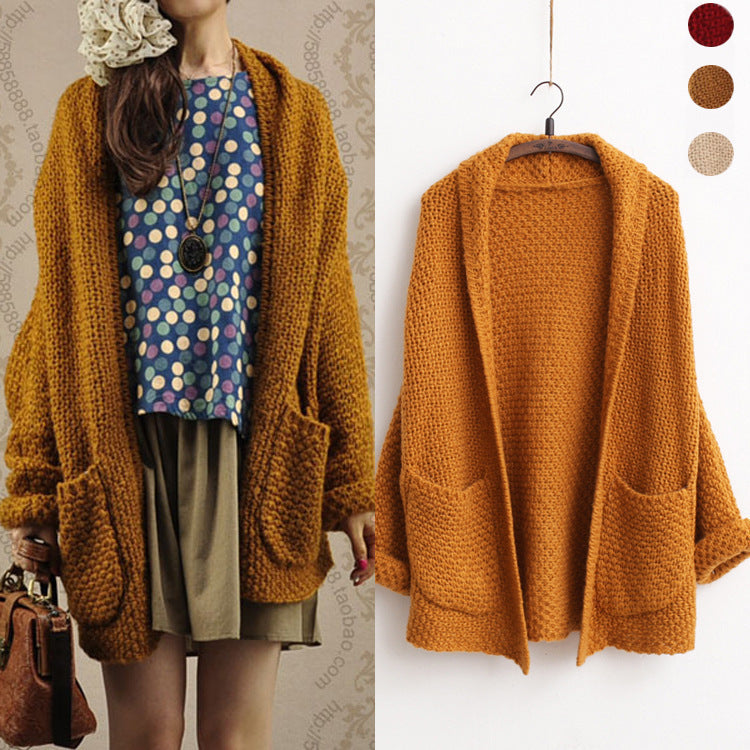 Damen Grobstrick Cardigan Offene Kanten Praktische Taschen Beige - Norvielle