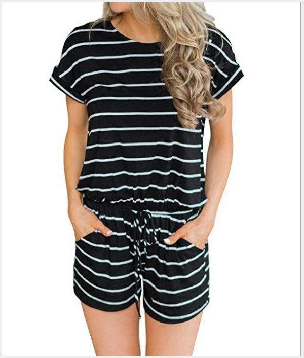 Damen Jumpsuit Kurzarm Elastischer Bund Praktische Taschen