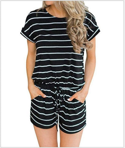 Damen Jumpsuit Kurzarm Elastischer Bund Praktische Taschen
