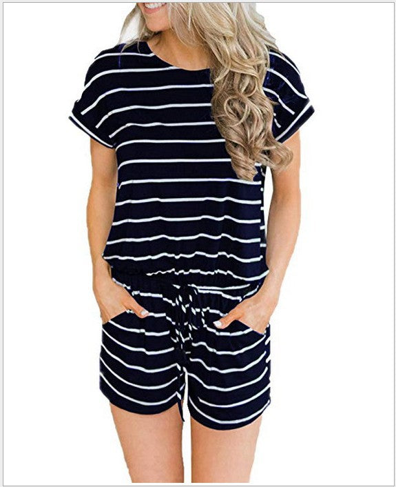 Damen Jumpsuit Kurzarm Elastischer Bund Praktische Taschen