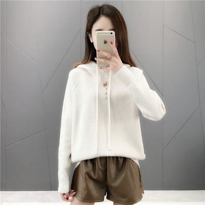 Damen Strickpullover mit Kapuze und Kordelzug