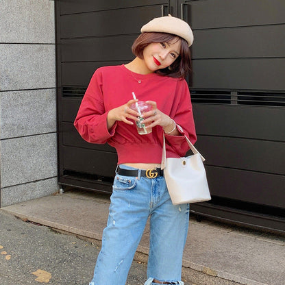 Damen Gestreifter Cropped Pullover Ballonärmel Norvielle