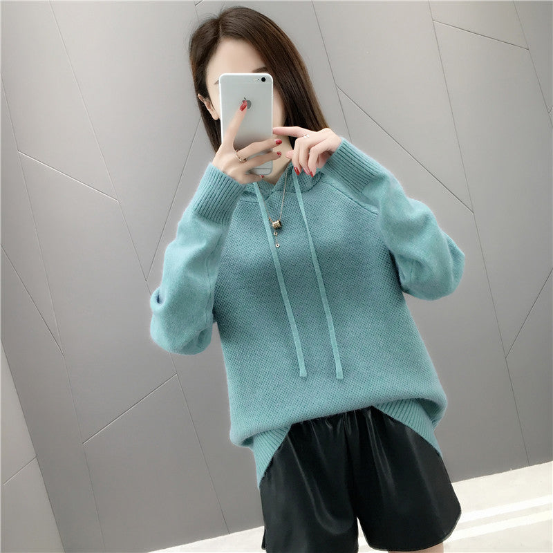 Damen Strickpullover mit Kapuze und Kordelzug