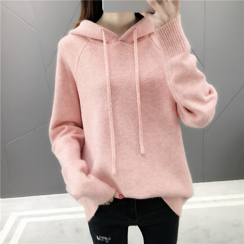 Damen Strickpullover mit Kapuze und Kordelzug
