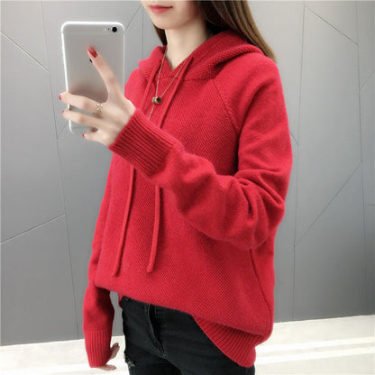 Damen Strickpullover mit Kapuze und Kordelzug