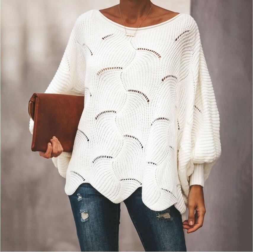Damen Oversized Strickpullover Wellenmuster Weite Ärmel
