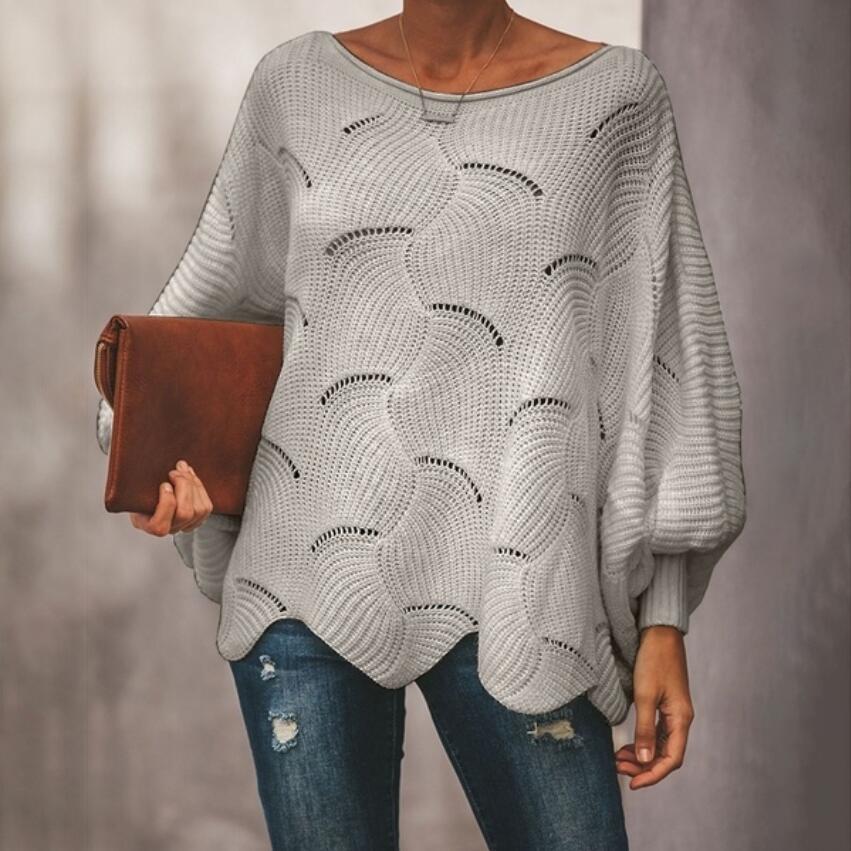 Damen Oversized Strickpullover Wellenmuster Weite Ärmel
