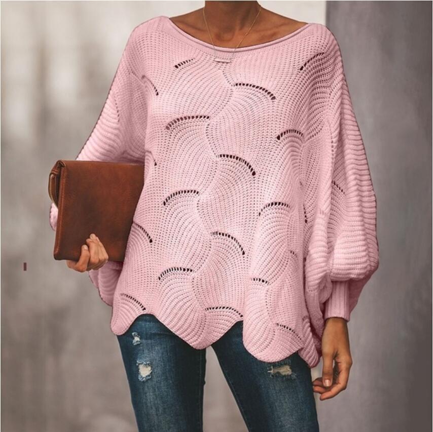 Damen Oversized Strickpullover Wellenmuster Weite Ärmel