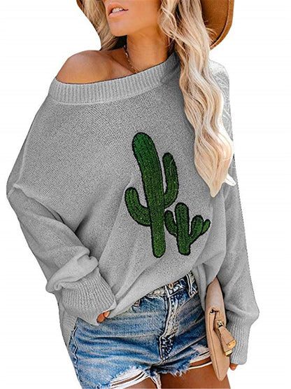 Damen Oversize Pullover Rundhalsausschnitt Cactus-Design Norvielle