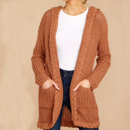 Damen Strickjacke mit Kapuze und Taschen Weich Grobstrick Herbst