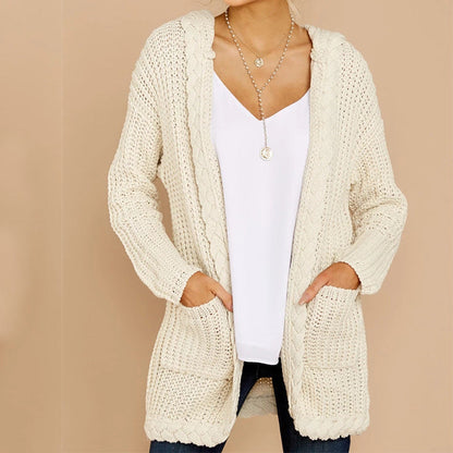 Damen Strickjacke mit Kapuze und Taschen Weich Grobstrick Herbst