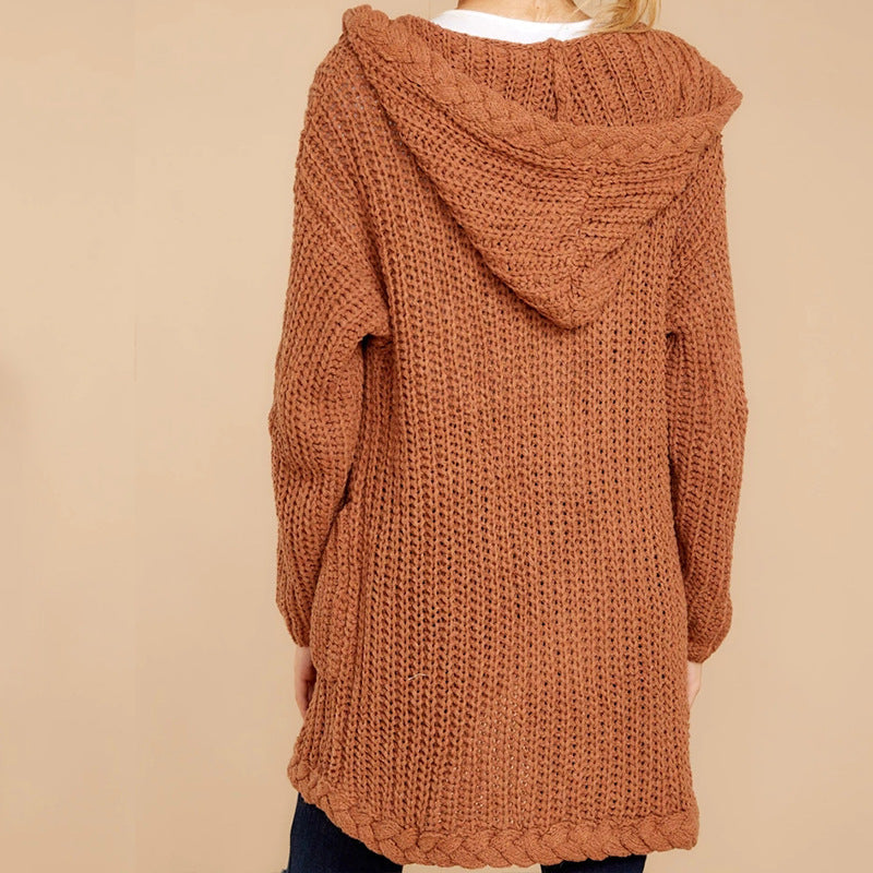 Damen Strickjacke mit Kapuze und Taschen Weich Grobstrick Herbst