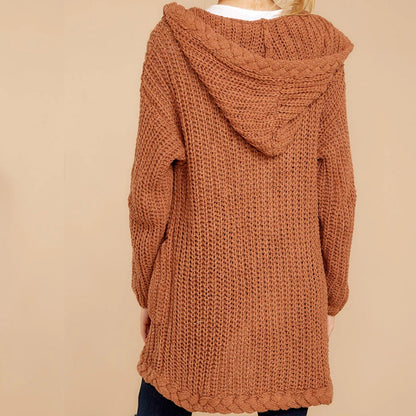 Damen Strickjacke mit Kapuze und Taschen Weich Grobstrick Herbst