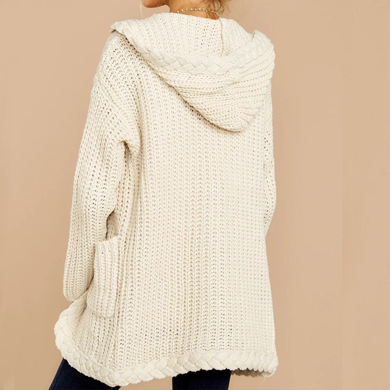 Damen Strickjacke mit Kapuze und Taschen Weich Grobstrick Herbst - Norvielle