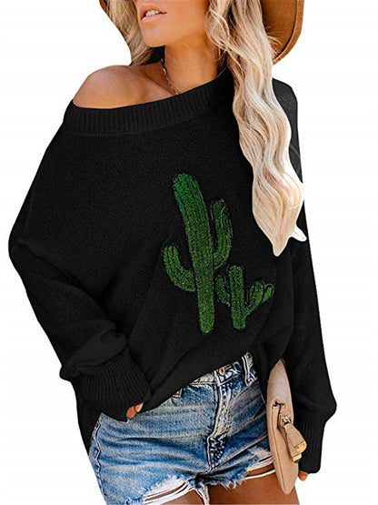 Damen Oversize Pullover Rundhalsausschnitt Cactus-Design Norvielle