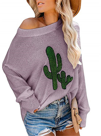 Damen Oversize Pullover Rundhalsausschnitt Cactus-Design Norvielle
