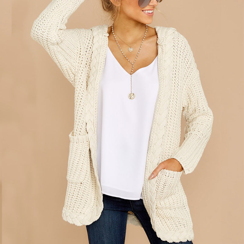 Damen Strickjacke mit Kapuze und Taschen Weich Grobstrick Herbst