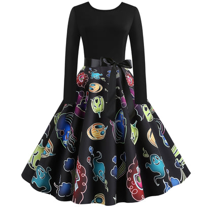 Damen Swingkleid Geisterdesign Schwingrock Schwarz - Norvielle