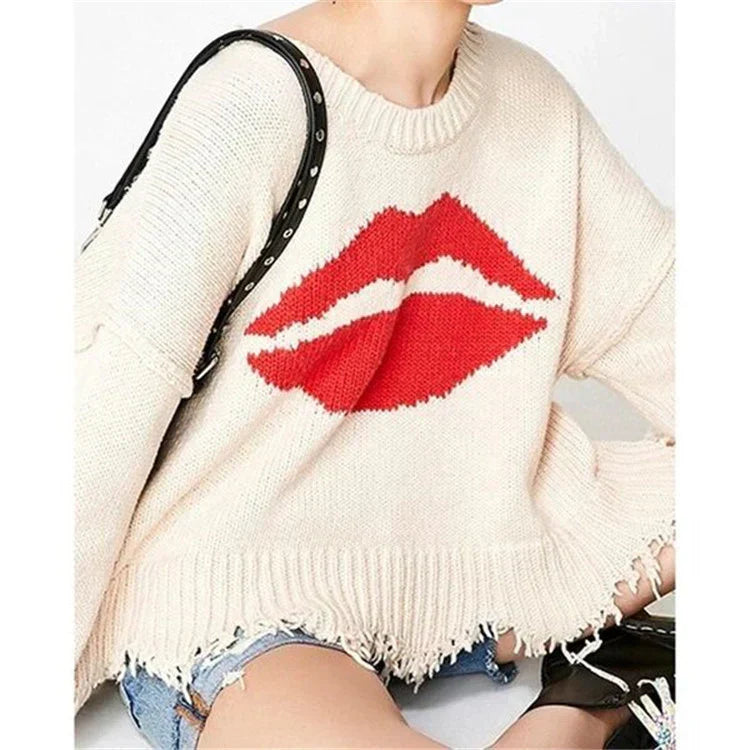 Norvielle Damen Oversized Pullover Wollstrick Lippenmotiv