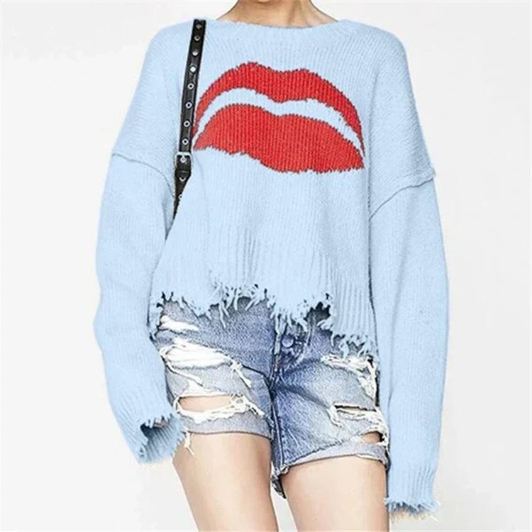 Norvielle Damen Oversized Pullover Wollstrick Lippenmotiv