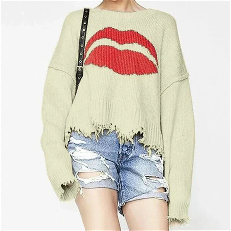 Norvielle Damen Oversized Pullover Wollstrick Lippenmotiv - Norvielle