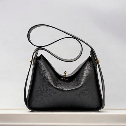 Elegante Damen Lederhandtasche Drehverschluss Gold Details Schwarz - Norvielle