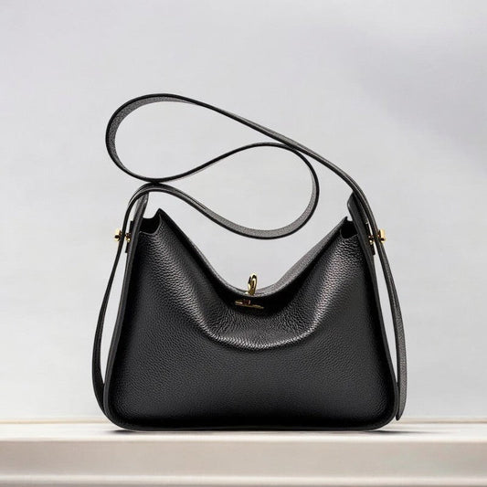 Elegante Damen Lederhandtasche Drehverschluss Gold Details Schwarz - Norvielle