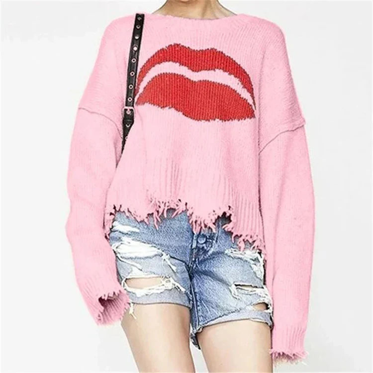 Norvielle Damen Oversized Pullover Wollstrick Lippenmotiv
