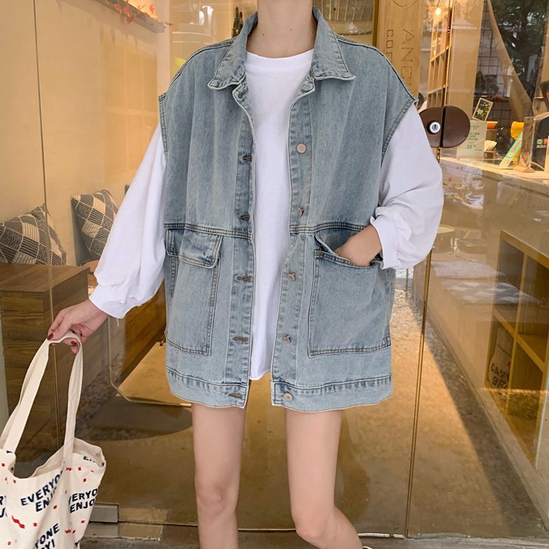 Damen Denim-Weste Große Taschen Blau - Norvielle
