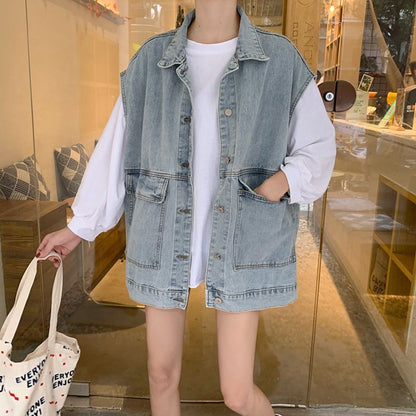Damen Denim-Weste Große Taschen Blau - Norvielle