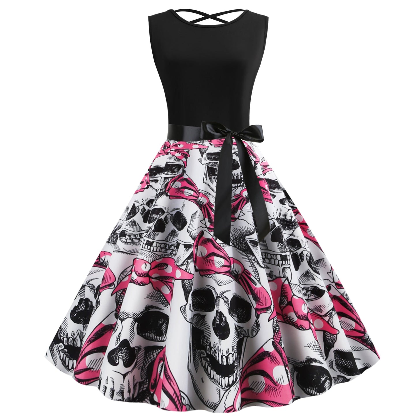 Damen Rockabilly Kleid Totenkopf Motiv Voluminöser Rock Schwarz - Norvielle