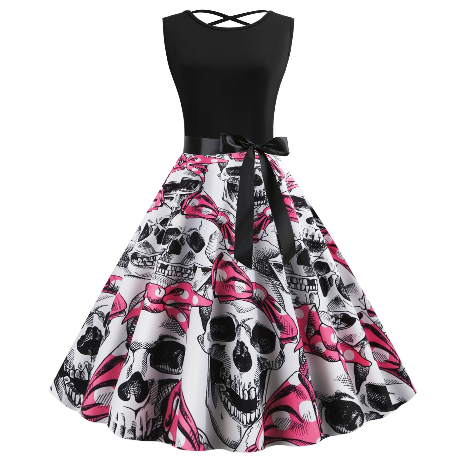 Damen Rockabilly Kleid Totenkopf Motiv Voluminöser Rock Schwarz - Norvielle