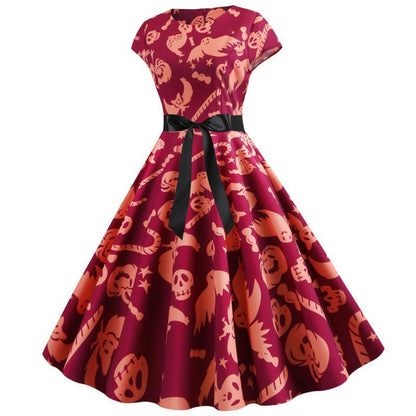 Damen Retro Swingkleid Halloween-Muster Taillengürtel