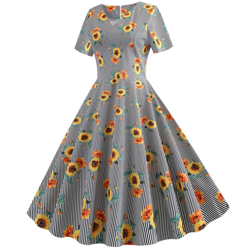 Damen Retro Swingkleid Florales Sonnenblumenmuster Tailliert Norvielle
