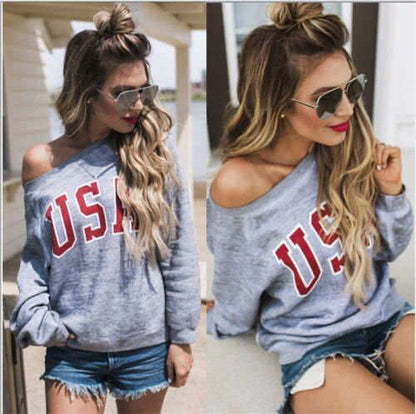 Damen Off-Shoulder Pullover mit Schriftzug Schwarz - Norvielle