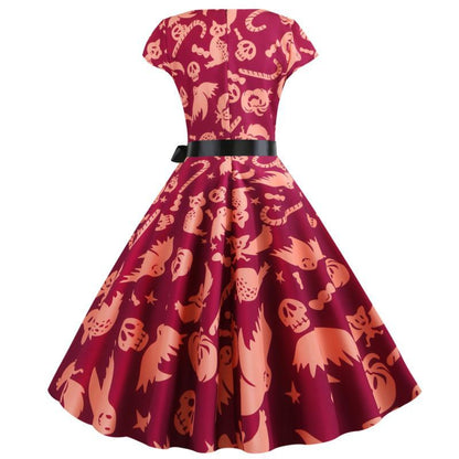 Damen Retro Swingkleid Halloween-Muster Taillengürtel