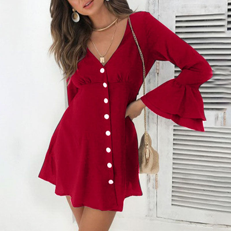Damen Knielanges Kleid Rüschendetails Knopfverschluss Norvielle