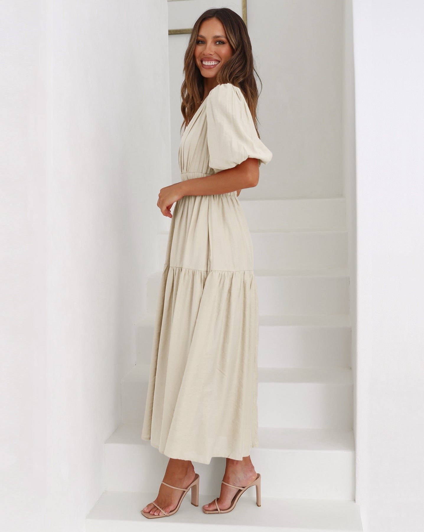 Damen Sommer-Midikleid V-Ausschnitt Puffärmel Einfarbig