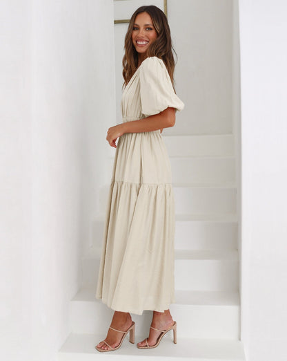 Damen Sommer-Midikleid V-Ausschnitt Puffärmel Einfarbig