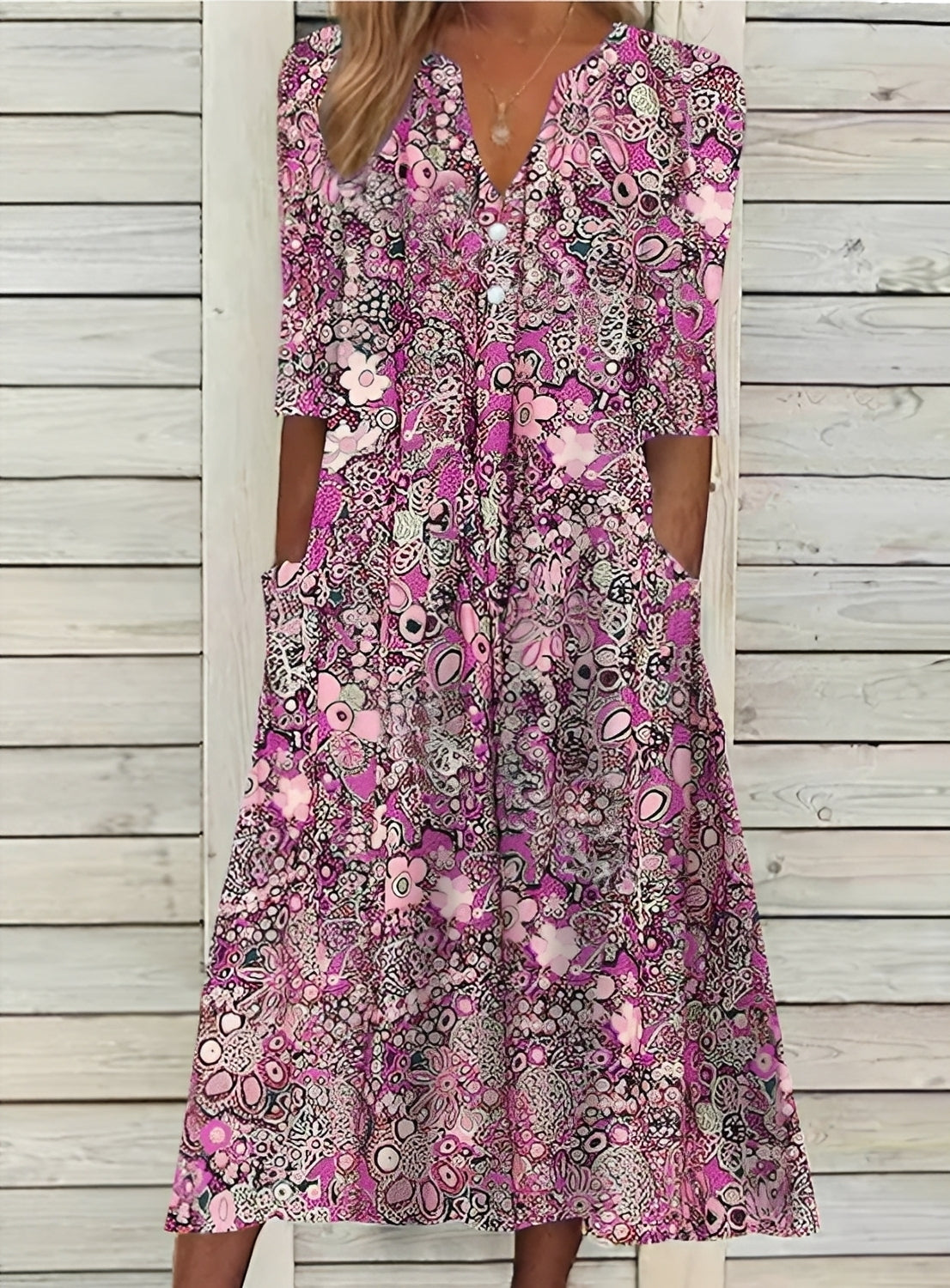 Damen Blumenkleid Lockeres Design Mit Taschen