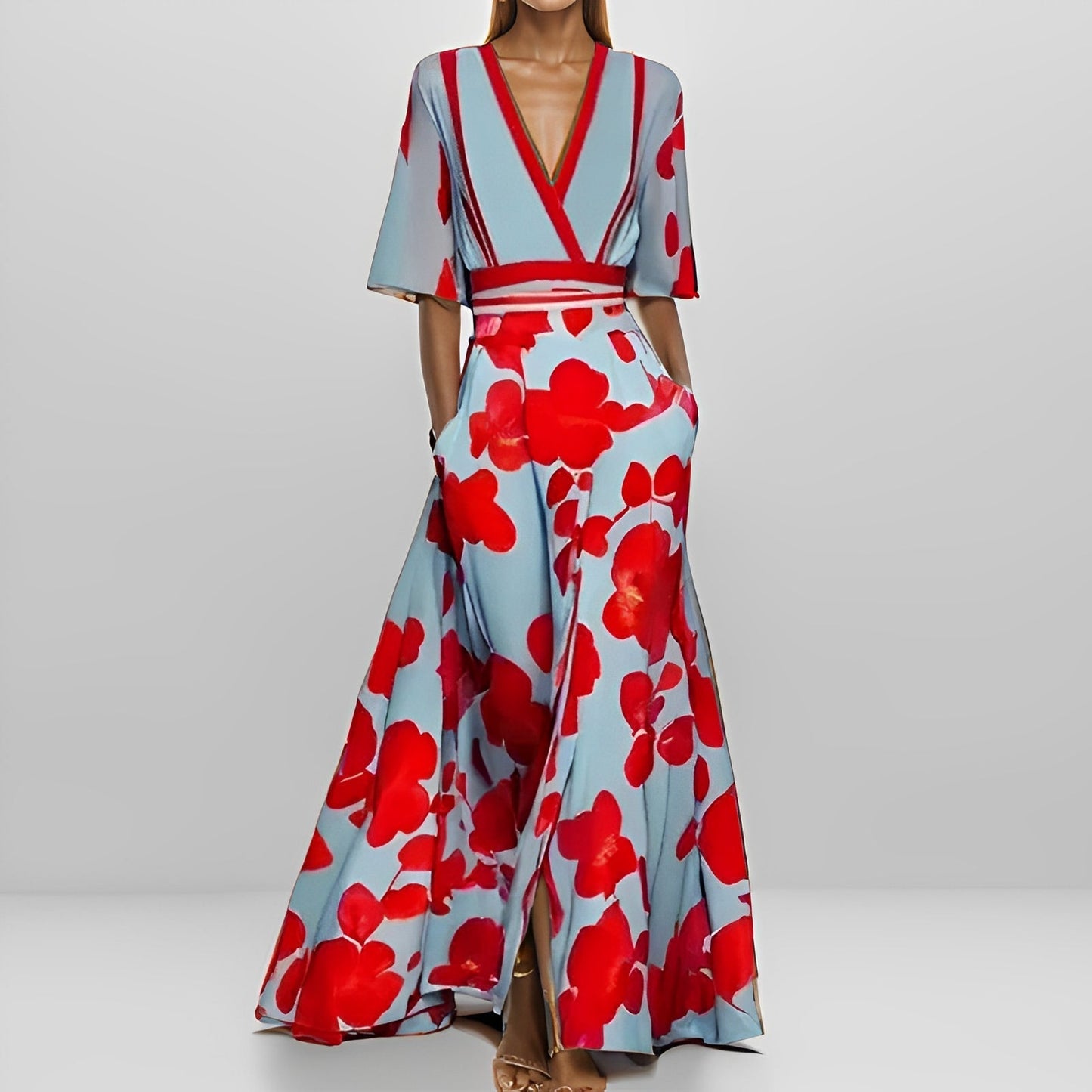 Damen Maxikleid Blumenmuster Langes Ärmel Kleid