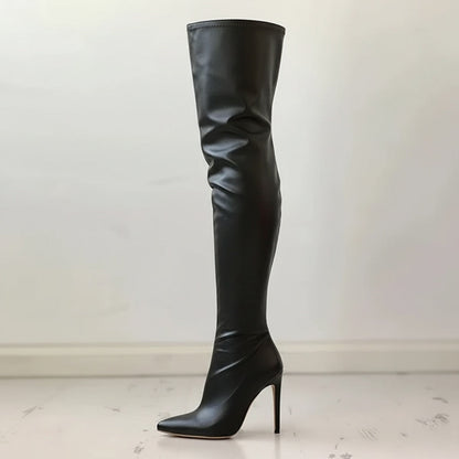 Damen Overknee-Stiefel Leder Spitze Stiletto-Absatz Schwarz - Norvielle